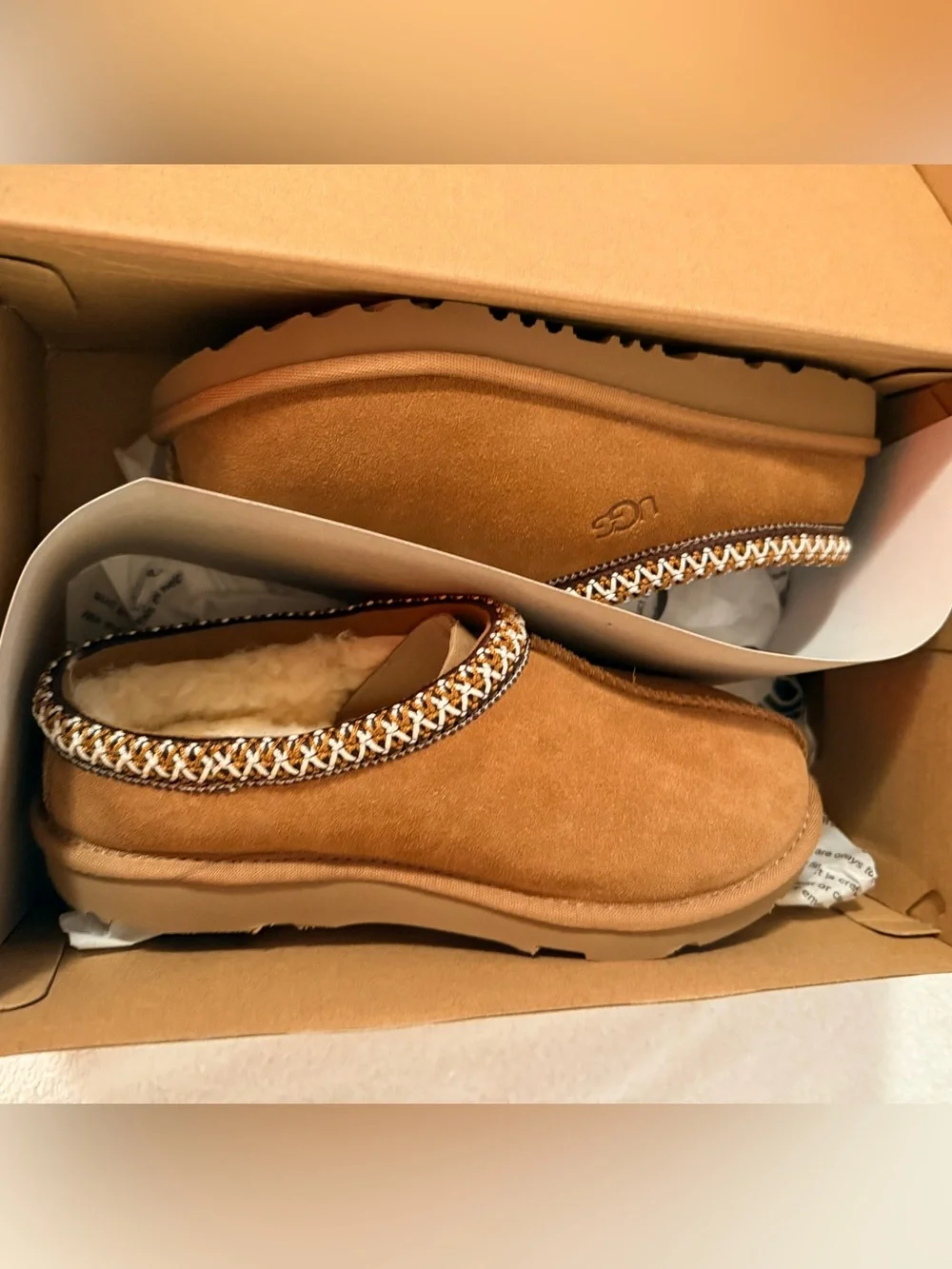 UGG Chestnut Suede Shearling-Lined Slip-On Slippers with decorative Trim